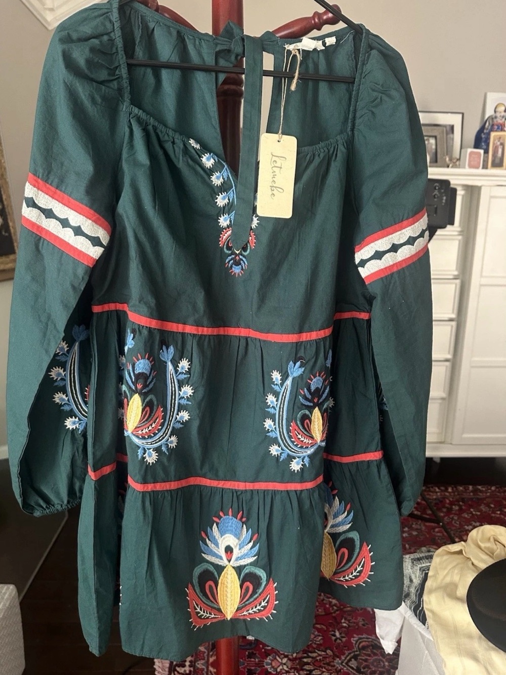 NWT Anthropologie Let Me Be Green Embroidered Boho Tiered Tunic Mini Dress Sz M